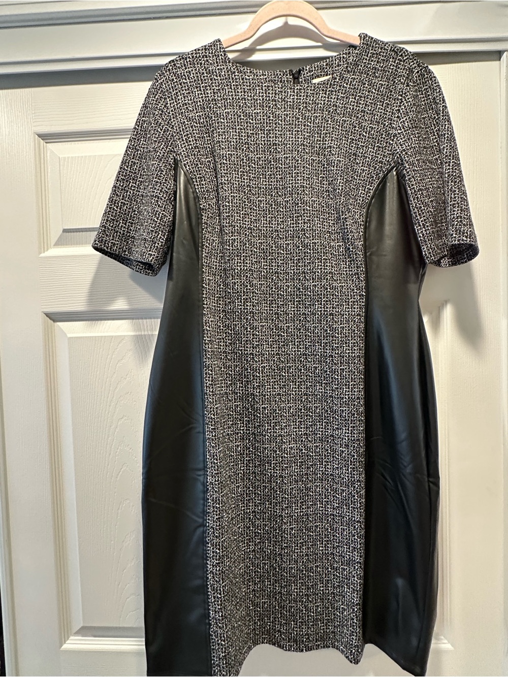 Anne Klein Black and Gray Ponte Shift Dress with Faux-Leather Panels